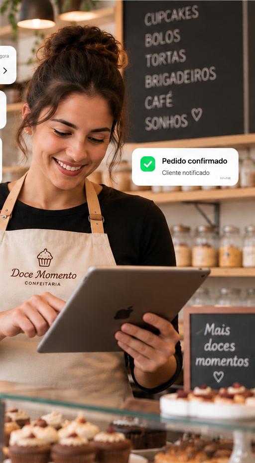 Pastry professional using a tablet while the Agent handles orders and customer requests